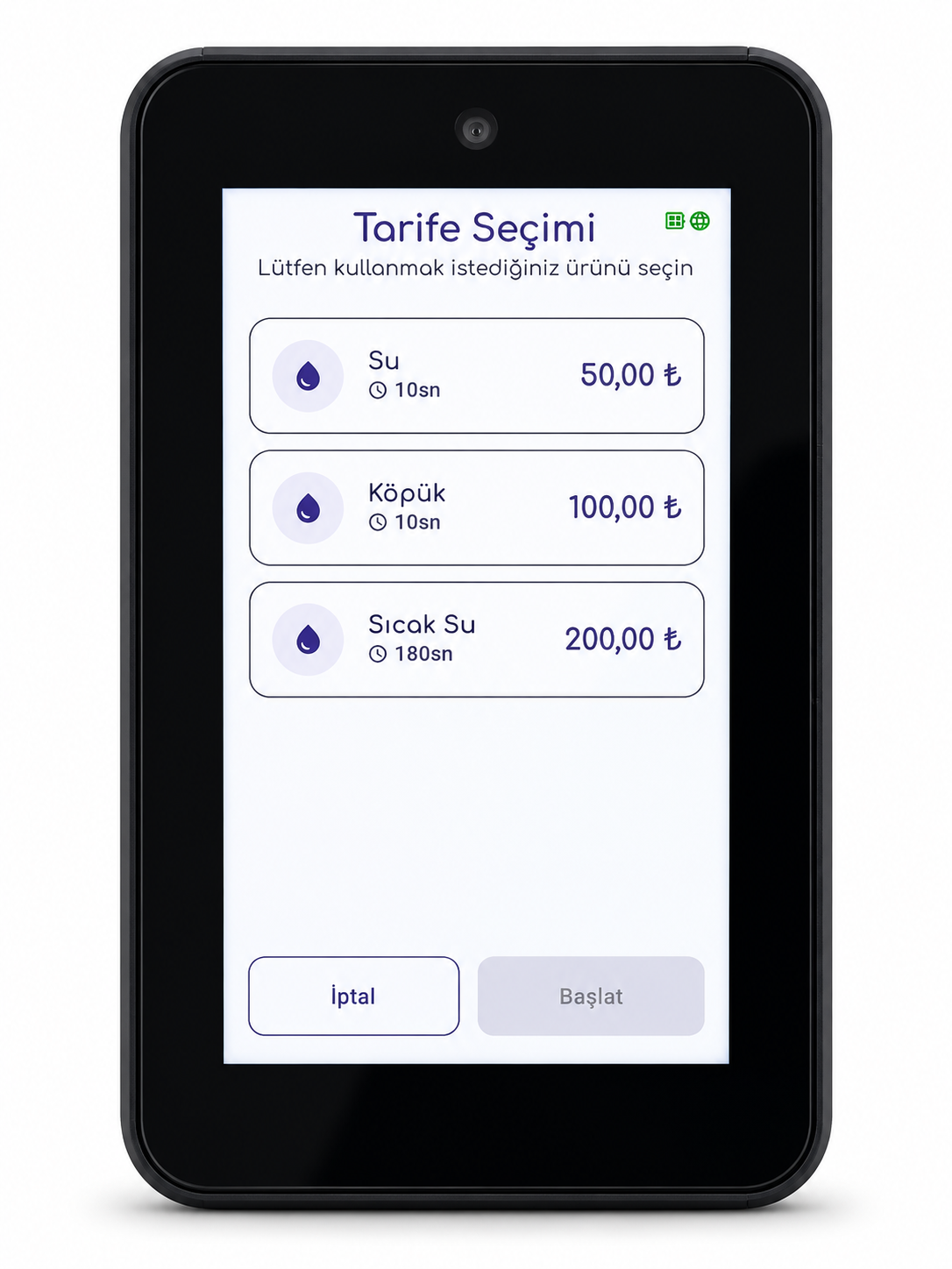 Tora Yıkama Terminali — tarife seçimi ekranı
