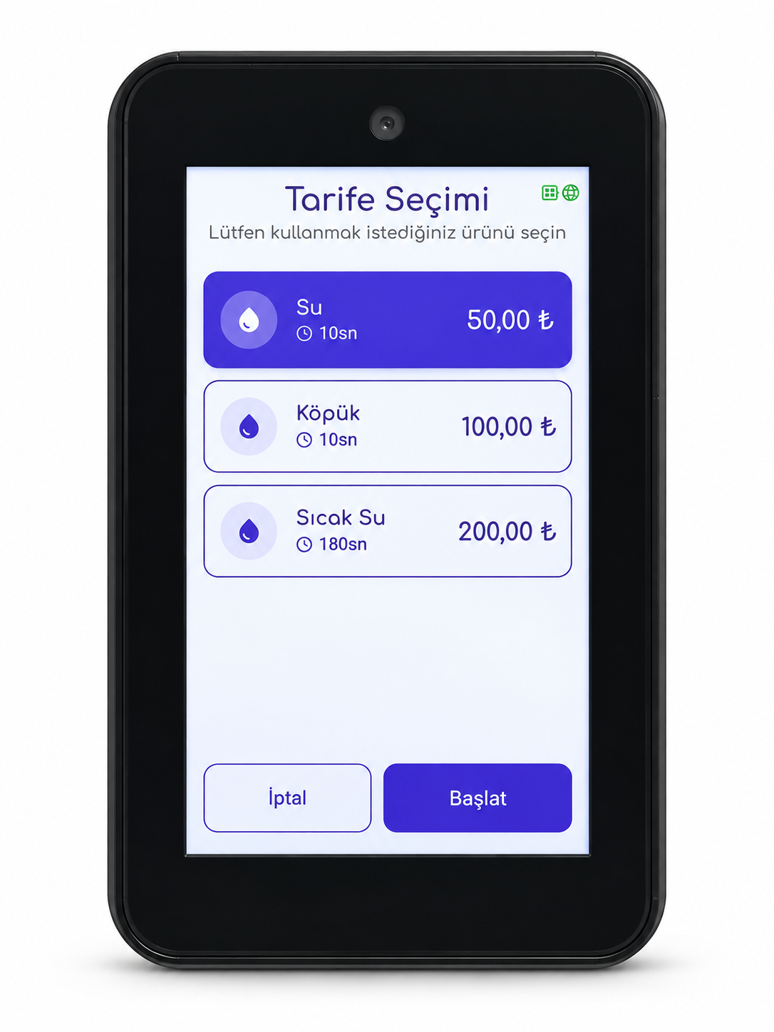 Tarife seçimi ekranı — su, köpük, sıcak su